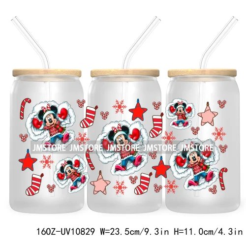 Cartoon Christmas Kids Friends 16OZ UV DTF Cup Wrap Waterproof Transfer Stickers For Libbey Glass Can Candy Cane Merry Christmas