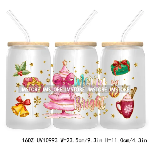 Coquette Glitter Holly Jolly Christmas Tree UV DTF Cup Wrap For Libbey Glass Can Transfer Stickers Waterproof Custom Labels Gift