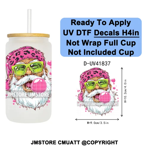 Retro Santa Claus Blowing Bubble Christmas UV DTF Decals Ready To Apply Waterproof Transfer Stickers For 16OZ Libbey Glass Can