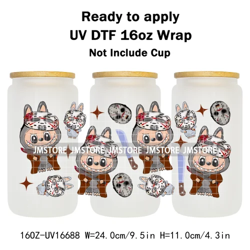 Laboo Cartoon Horror Halloween Characters 16OZ UV DTF Cup Wraps Ready To Apply Waterproof Transfer Stickers For Libbey Glass Can