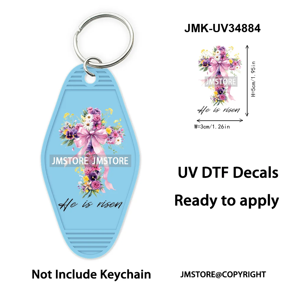 He is Risen Spring Easter Bunny Eggs Custom Logo WaterProof UV DTF Stickers For Motel Hotel Keychain Christian Easter Coquette