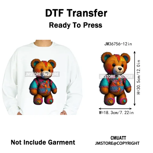 12in Cool Retro Urban Streetwear Graffiti Hip Hop Teddy Bear Iron On DTF Washable Transfers Stickers Ready to Press For Clothing