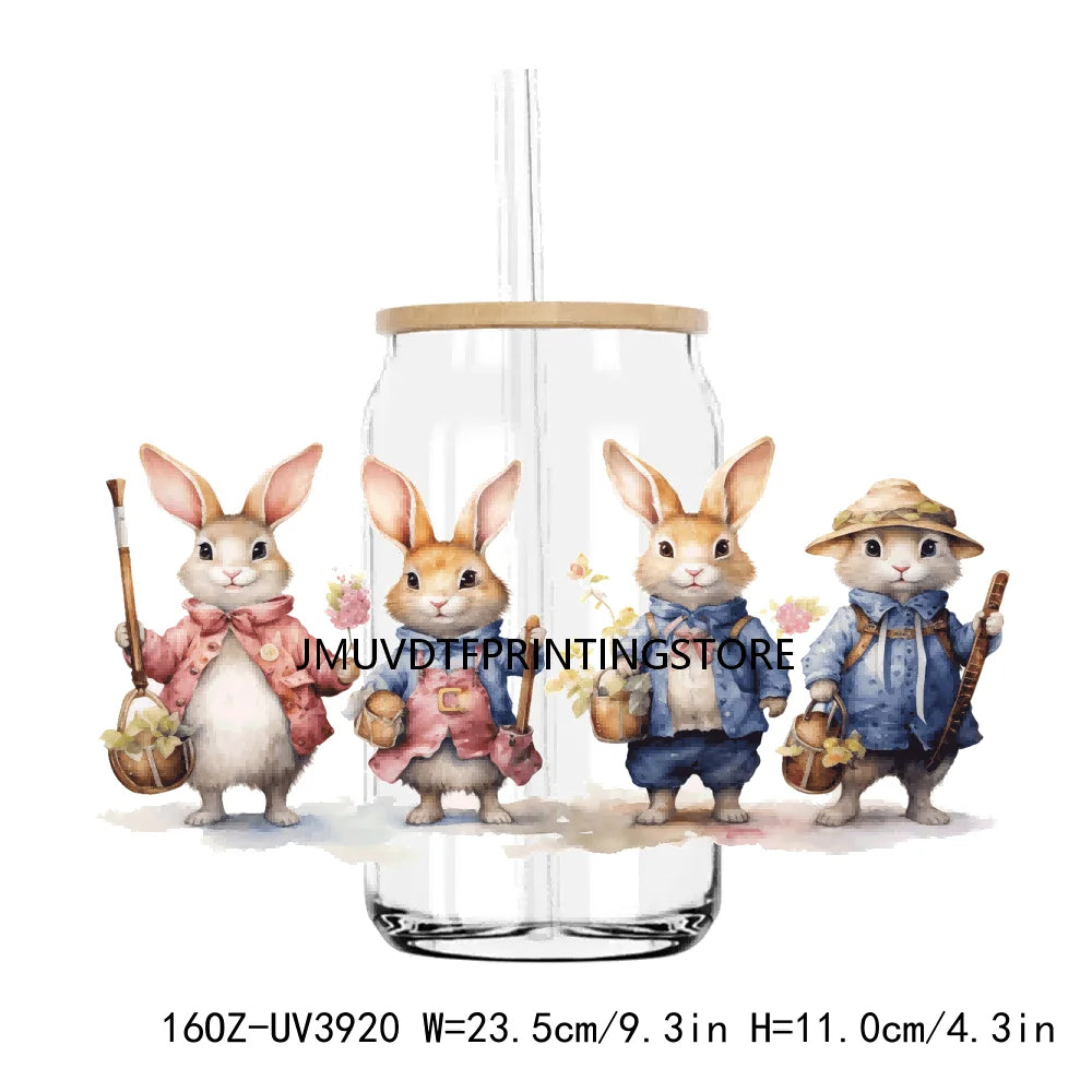 Cute Easter Bunny Rabbit With Flower 16OZ UV DTF Cup Wrap Transfer Sticker Custom Label DIY Waterproof Logo For Libbey Glass Can