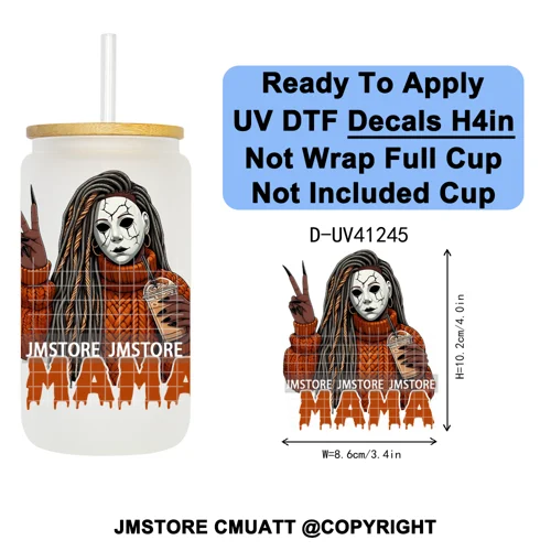 Black Girl Horror Characters Halloween Coffee UV DTF Transfer Sticker Decals Ready To Apply Waterproof For 16OZ Libbey Glass Can