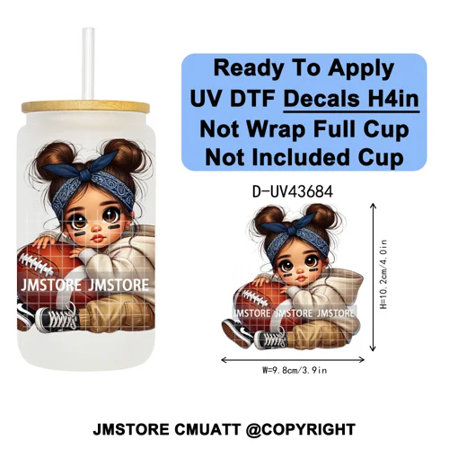 Cute Latina Baby Girl American Football UV DTF Cup Decals Ready To Apply Transfer Stickers Durable For Libbey Glass Can Tumbler