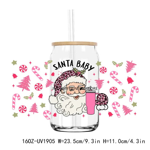 Christmas Santa with Sunglasses 16OZ UV DTF Cup Wrap Transfers Stickers Custom Labels DIY  Waterproof Logo For Libbey Glass Can