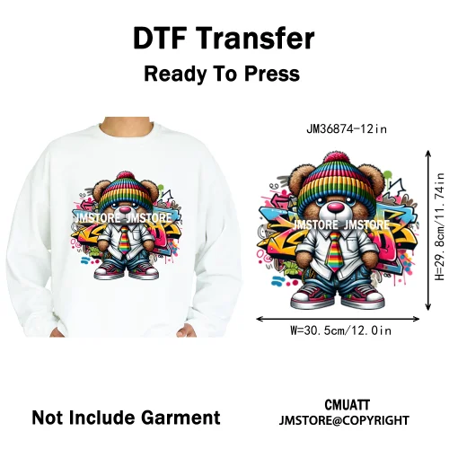 12in Colorful Graffiti Urban Stree Vibes Fearless Gangster Bear Washable Iron on DTF Transfer Sticker Ready to Press for Clothes