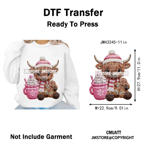 Faux Yarn Pink Hot Cocoa Cartoon Character Santa Cozy Christmas Iron on  DTF Transfers Stickers Ready to Press for T-shirts Bags