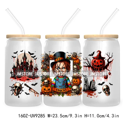 Scary Movies Halloween 16OZ UV DTF Cup Wrap Transfer Stickers Custom Labels Waterproof Logo For Libbey Glass Can Spooky Season