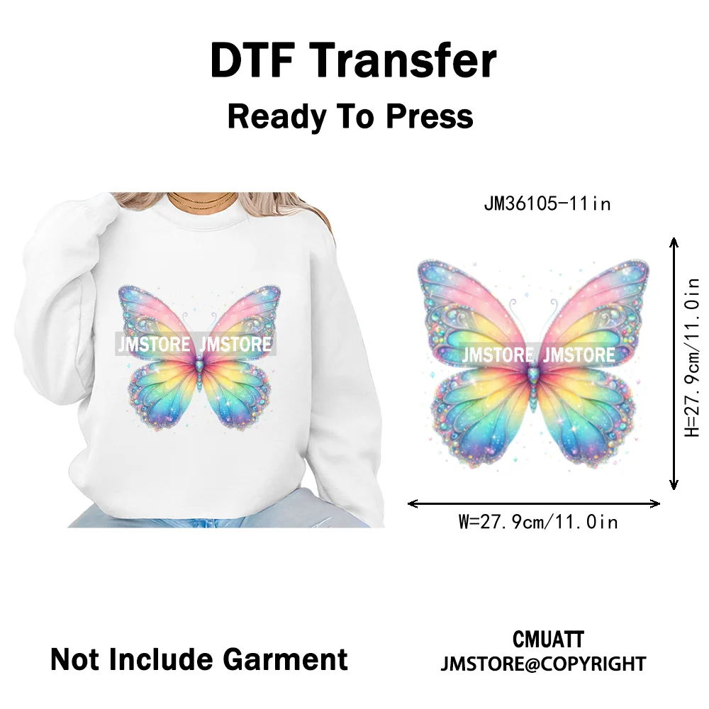 Colorful Sparkling Rainbow Butterflies Flowers Lovers Washable Iron on DTF Transfers Stickers Diy Ready to Press for Clothes