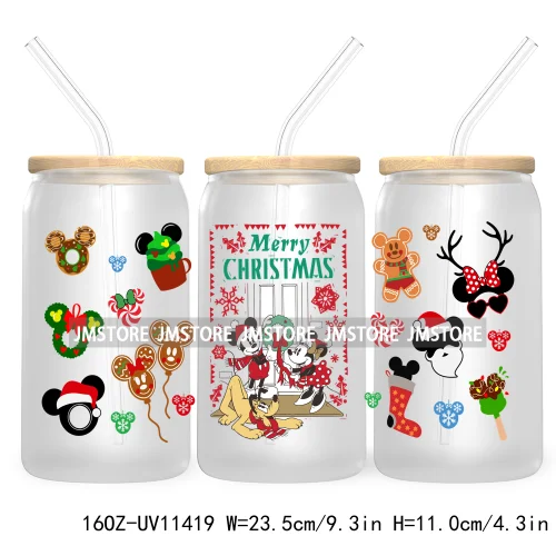 Merry Christmas Cartoon Couple 16OZ UV DTF Cup Wrap Ready To Apply For Libbey Glass Can Cup Tumbler Gingerbread Candy Cane Mouse