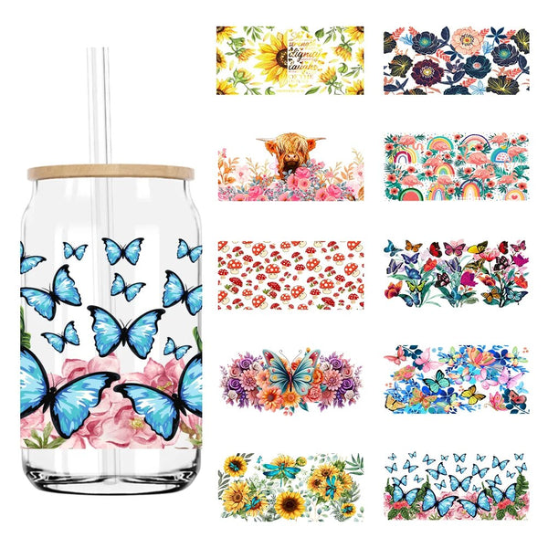 Watercolor Butterfly And Flower 16OZ UV DTF Cup Wrap Transfer Sticker Custom Labels DIY Durable Waterproof Logo For Libbey Glass