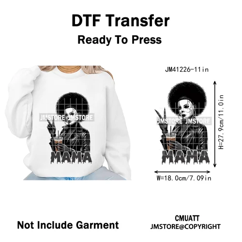 Black Girls Coffee Drinking Halloween Scary Movie Killer Mama Iron on Washable DTF Transfers Stickers Ready to Press for Clothes