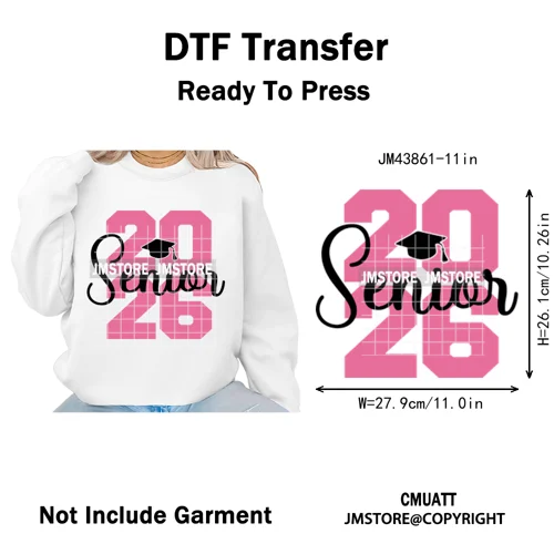 High School Senior 2026 Graduation Club Coquette Gifts Iron on Washable DTF Heat Transfers Stickers Ready to Press for Clothes