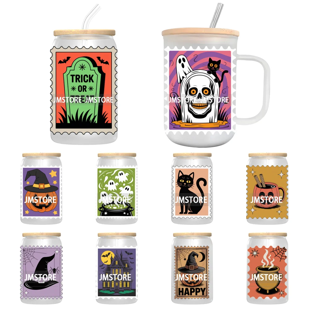 Halloween Stamps Trick Or Treat UV DTF Decals Ready To Apply Waterproof Transfer Stickers DIY Crafts For 16OZ Libbey Glass Can
