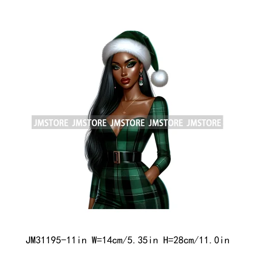 Fashion Santa Afro Black Woman Merry Christmas Girly Winter Iron On DTF Transfers Stickers Printing Ready To Press For Clothing