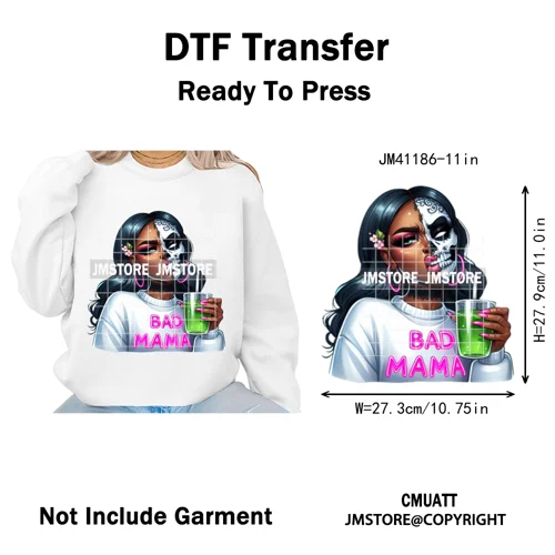 Horror Halloween Character Afro Coffee Killer Bad Mama Club Iron on Washable DTF Transfers Stickers Ready to Press for Clothing