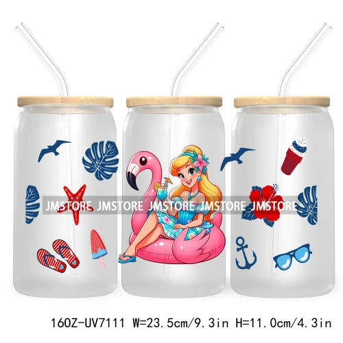 Cartoon Princess's Summer Vacation 16OZ UV DTF Cup Wrap Transfers Stickers For Libbey Glass Can Cups Tumbler Waterproof Craft