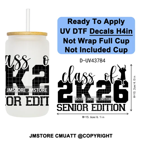 Fresh Class Of 2026 Senior Edition UV DTF Decals Ready To Apply Waterproof Transfer Stickers DIY Craft For 16OZ Libbey Glass Can