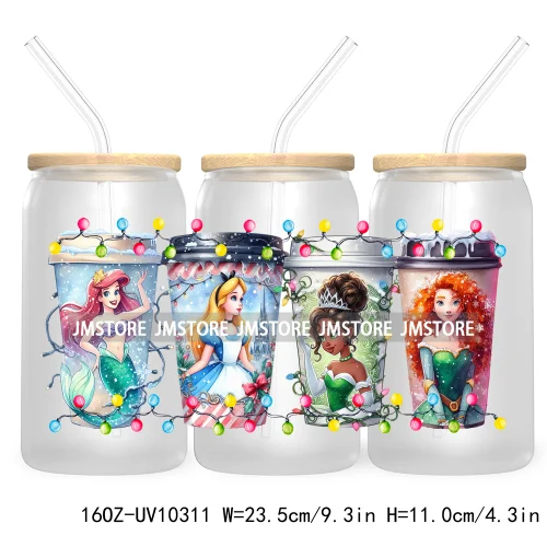 Princess Christmas Cartoon Friends 16OZ UV Cup Wrap DTF Transfer Stickers For Libbey Glass Can Cups Tumbler Magical Kingdom Vibe