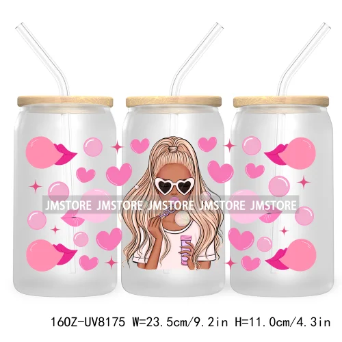 Woman With Bubble Gum Pink UV DTF Sticker For 16OZ Libbey Glass Cup Can Wrap Transfer Stickers Custom Labels DIY Logo Messy Bun