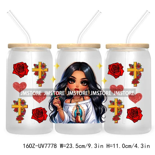 Beautiful Chicana Latina Woman Rose 16OZ UV DTF Cup Wrap Transfers Stickers For Libbey Glass Can Cups Tumbler Waterproof Craft