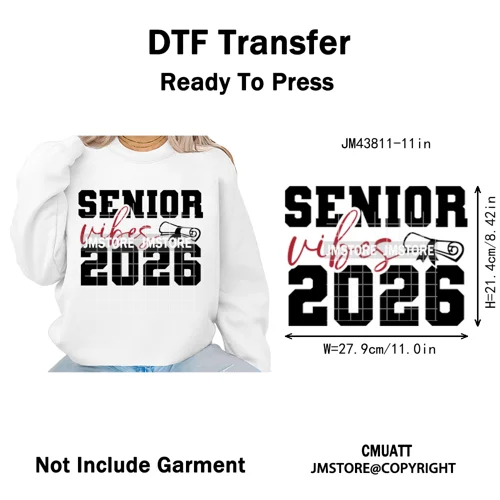 2026 Varsity Graduate Season College Senior Year Bow Iron on Washable DTF Heat Transfers Stickers Ready to Press for Sweatshirts