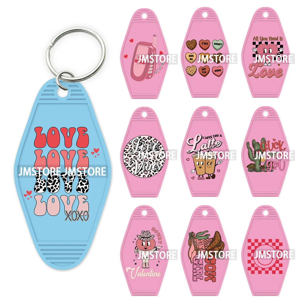 Pink Cowgirl Valentine's Day Candy Hearts High Quality WaterProof UV DTF Sticker For Motel Hotel Keychain Leopard Love Vibes