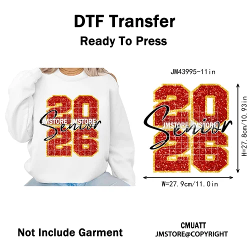Faux Glitter Senior Class of 2026 High School Graduate Reunion Iron on Washable DTF Transfer Stickers Ready to Press for Clothes