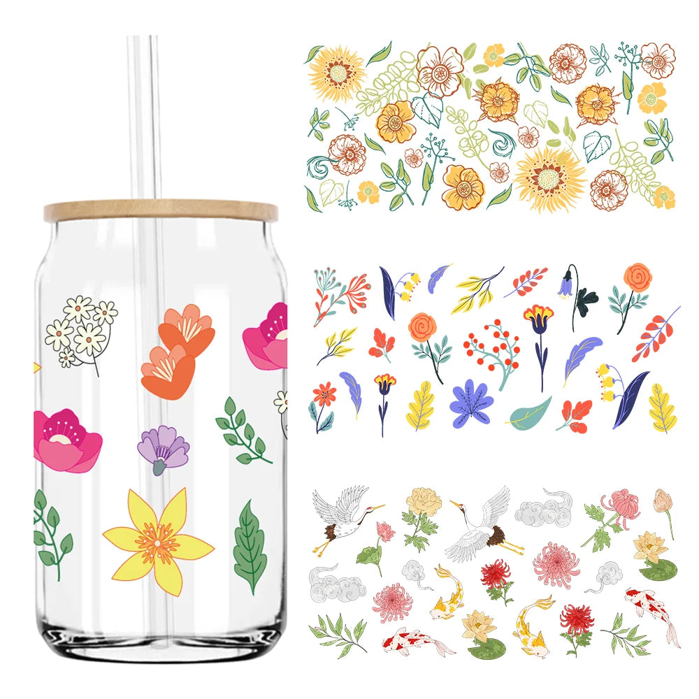 Colorful Wild Floral Flowers 16OZ UV DTF Cup Wrap Transfers Stickers Custom Labels DIY Waterproof Logo For Libbey Glass Can