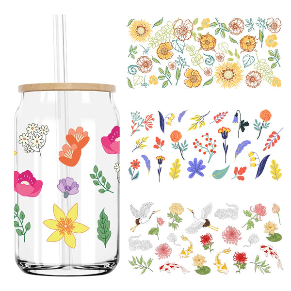 Colorful Wild Floral Flowers 16OZ UV DTF Cup Wrap Transfers Stickers Custom Labels DIY Waterproof Logo For Libbey Glass Can