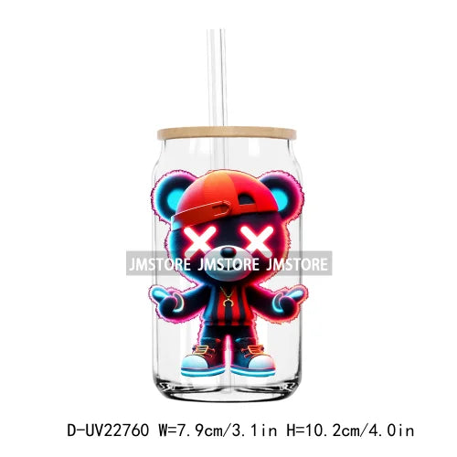 Colorful Neon Teddy Bear Urban Style UV DTF Transfers Stickers Decals For Libbey Cold Cups Mugs Tumbler Waterproof DIY Craft