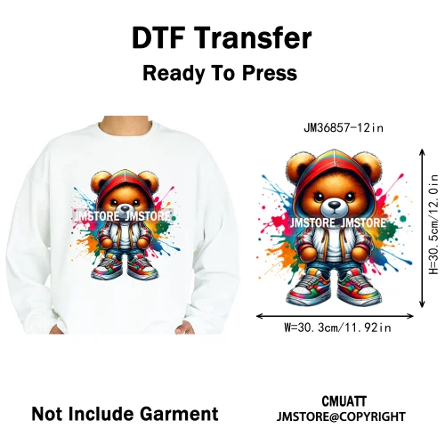 12in Hip Hop Vibes Urban Style Rich Bear With Gold Chains King Animal Iron on DTF Transfers Stickers Ready to Press for Textile