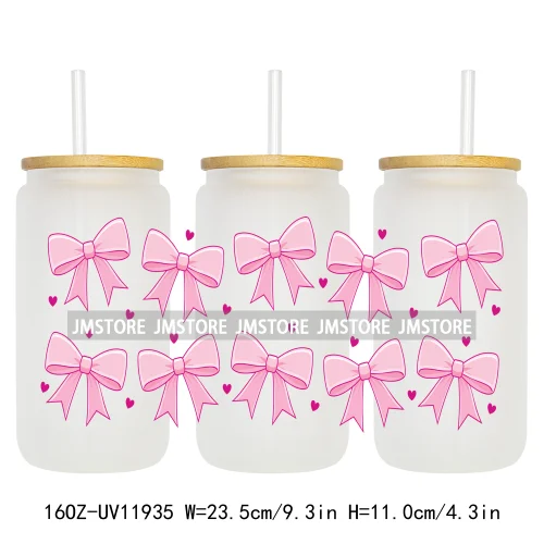 Girly Coquette Bows Heart Pink 16OZ UV DTF Cup Wrap Transfer Stickers Custom Labels Durable Waterproof Logo For Libbey Glass Can