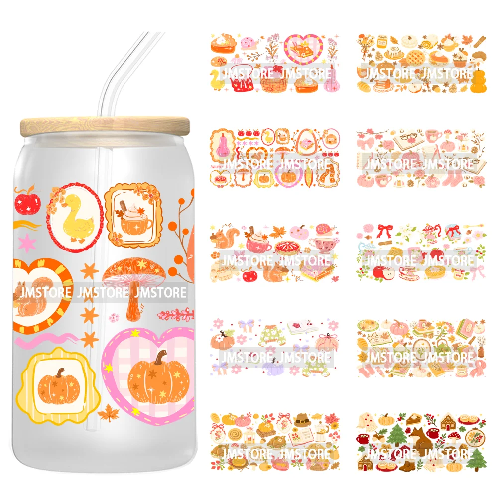 Bookish Autumn Fall Coquette Pumpkins Season UV DTF Wraps Transfer Sticker Selfadhesive Waterproof For 16OZ Libbey Glass Can Mug