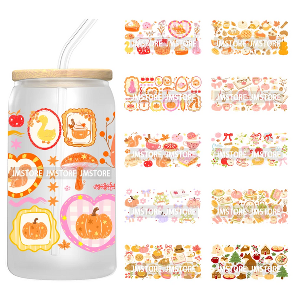 Bookish Autumn Fall Coquette Pumpkins Season UV DTF Wraps Transfer Sticker Selfadhesive Waterproof For 16OZ Libbey Glass Can Mug