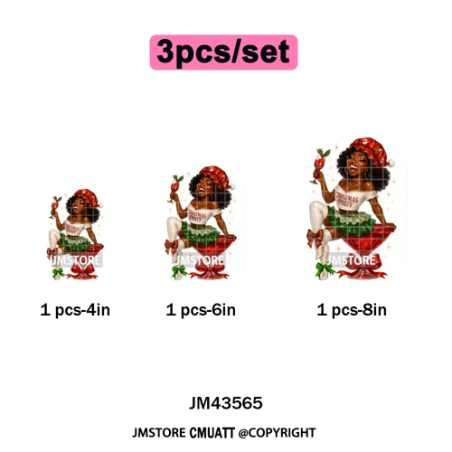 Wine Christmas Black Girls Santa Cheer Winter Holiday Party Iron on Washable DTF Transfers Stickers Ready to Press for Textiles