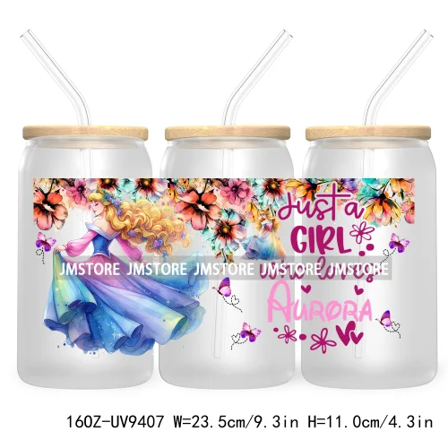 Just A Girl Who Loves Cartoon Princess 16OZ UV Cup Wrap DTF Transfer Stickers For Libbey Glass Can Cups Tumbler Waterproof Label