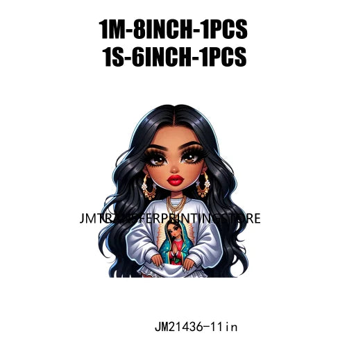 Chibi Cute Chicana Doll Guadalupe Lady Skull Latina Woman Cold Peel Decals Iron On DTF Transfers Stickers For Shirts Bags Pillow