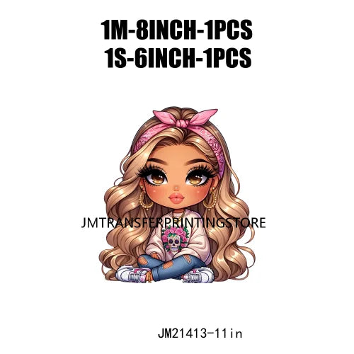 Pink Bow Long Hair Chibi Cute Chicana Doll Girls With Earing Washable Iron On DTF Transfers Stickers Designs For Sweatshirt