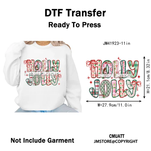 Merry and Bright Coquette Patchwork Santa Christmas Holiday Season Iron on DTF Heat Transfer Stickers Ready to Press for Hoodies