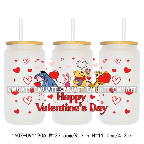 Cartoon Pink Sweet Happy Valentine‘s Day Kids Love Characters UV DTF Stickers Cup Wraps Logos For 16OZ Libbey Glass Can