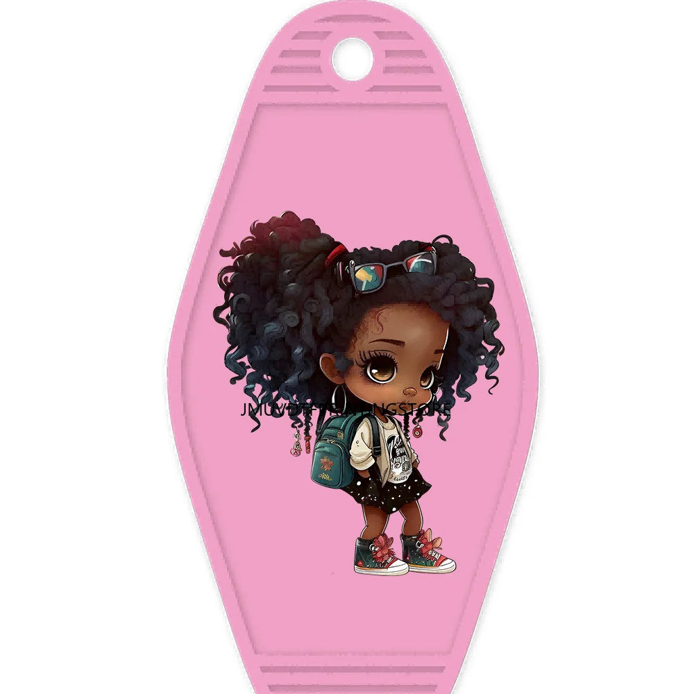 School Melanin Black Girls With Luggage High Quality WaterProof UV DTF Sticker For Motel Hotel Keychain Afro Children