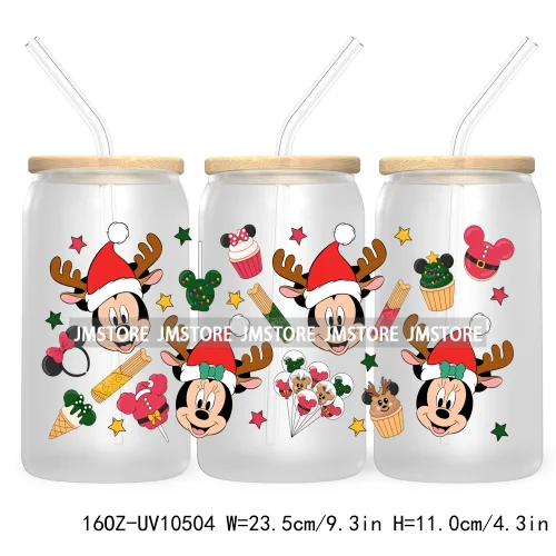 Merry Christmas Mouse UV DTF Sticker For 16OZ Libbey Glass Cup Can Wrap Transfer Stickers Custom Labels Xmas Cartoon Characters