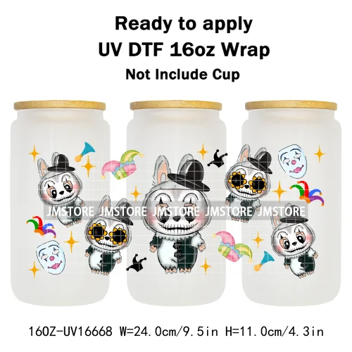 Laboo Cartoon Horror Halloween Characters 16OZ UV DTF Cup Wraps Ready To Apply Waterproof Transfer Stickers For Libbey Glass Can