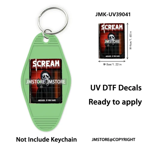 Halloween Horror Killer Energy Drink UV DTF Motel Keychain Decal Ready To Ship Durable Transfer Stickers Logo For Hotel Keychain