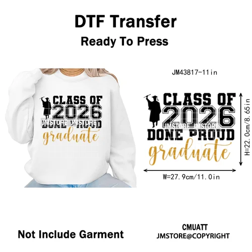 2026 Varsity Graduate Season College Senior Year Bow Iron on Washable DTF Heat Transfers Stickers Ready to Press for Sweatshirts