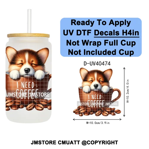 Puppy Coffee Dog Cartoon Pet Lover UV DTF Decals Ready To Apply Waterproof Transfer Stickers For 16OZ Libbey Glass Can Tumbler