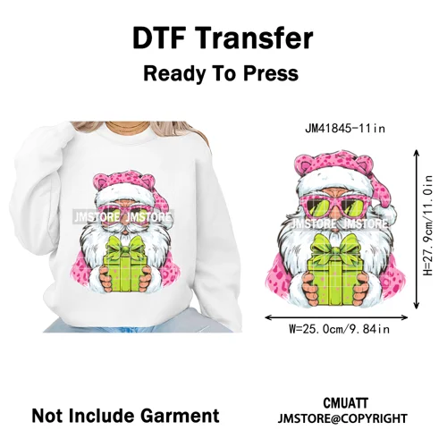 Pink Cartoon Glasses Coffee Drink Leopard Blowing Santa Claus Christmas Iron on DTF Transfer Stickers Ready to Press for T-shirt