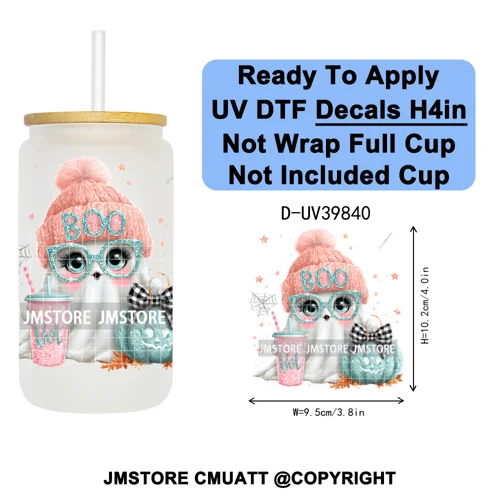 Girly Halloween Ghost Pumpkin Coffee Lover UV DTF Transfer Stickers Decals Ready To Apply Waterproof For 16OZ Libbey Glass Can
